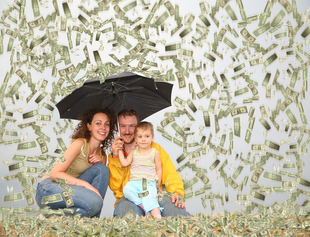 Family,With,Little,Girl,With,Umbrella,Under,Dollar,Rain,Collage
