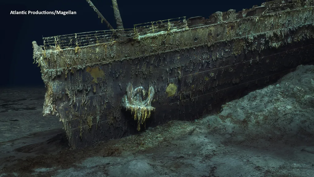 A grab taken from a digital scan released by Atlantic/Magellan on May 19, 2023 shows a view of the Titanic in the Atlantic Ocean created using deep-sea mapping. The first full-sized 3D scan of the Titanic shipwreck may reveal more details about the ocean liner's fateful journey across the Atlantic more than a century ago. The high-resolution images reconstruct the wreck that lies at a depth of nearly 4,000 metres (13,100 feet) in great detail and were created using deep-sea mapping. (Photo by Handout / Atlantic/Magellan / AFP) / RESTRICTED TO EDITORIAL USE - MANDATORY CREDIT "AFP PHOTO / ATLANTIC / MAGELLAN" - NO MARKETING - NO ADVERTISING CAMPAIGNS - DISTRIBUTED AS A SERVICE TO CLIENTS - NO RESALE - TO BE USED SOLELY IN CONTEXT OF STORY ABOUT RMS TITANIC SCANS - MANDATORY ONSCREEN CREDIT: ATLANTIC / MAGELLAN - MANDATORY CREDIT ON SOCIAL MEDIA PLATFORMS: Instagram: @atlantic.productions/ Twitter: @atlanticprods /