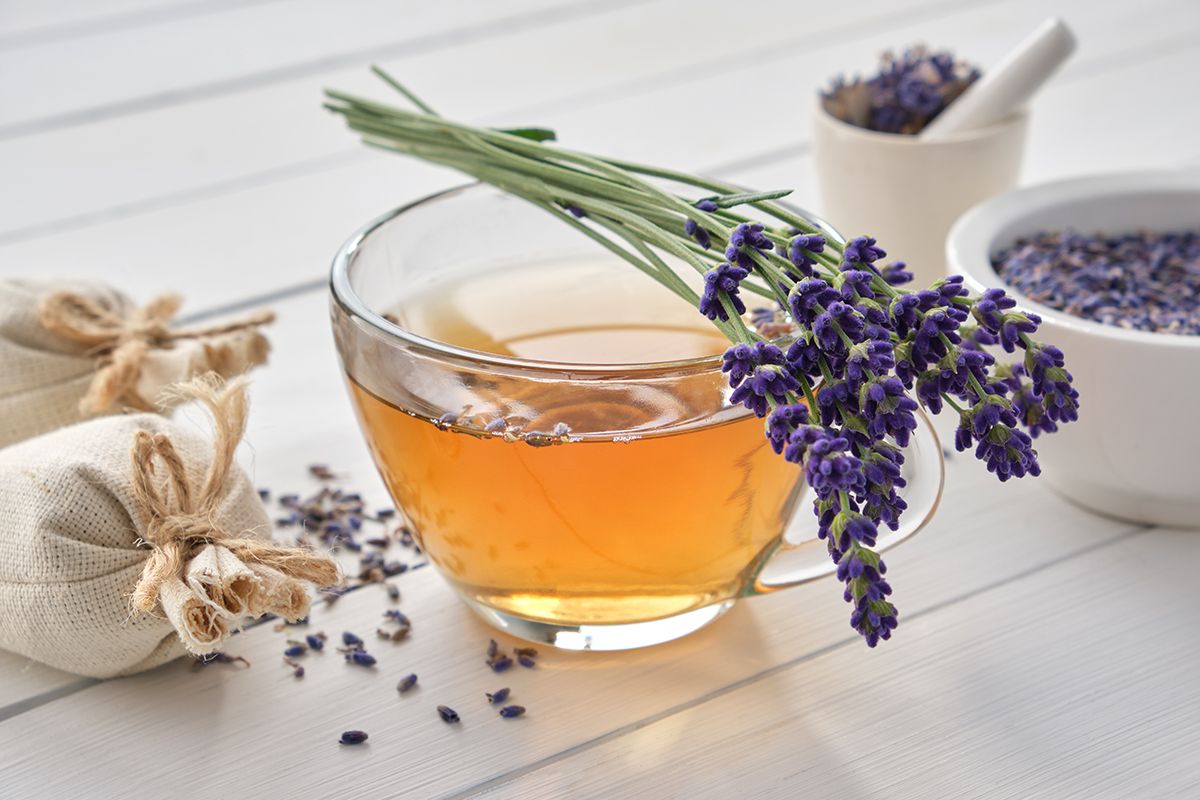 Cup,Of,Healthy,Lavender,Tea,And,Lavender,Flowers.,Mortars,Of