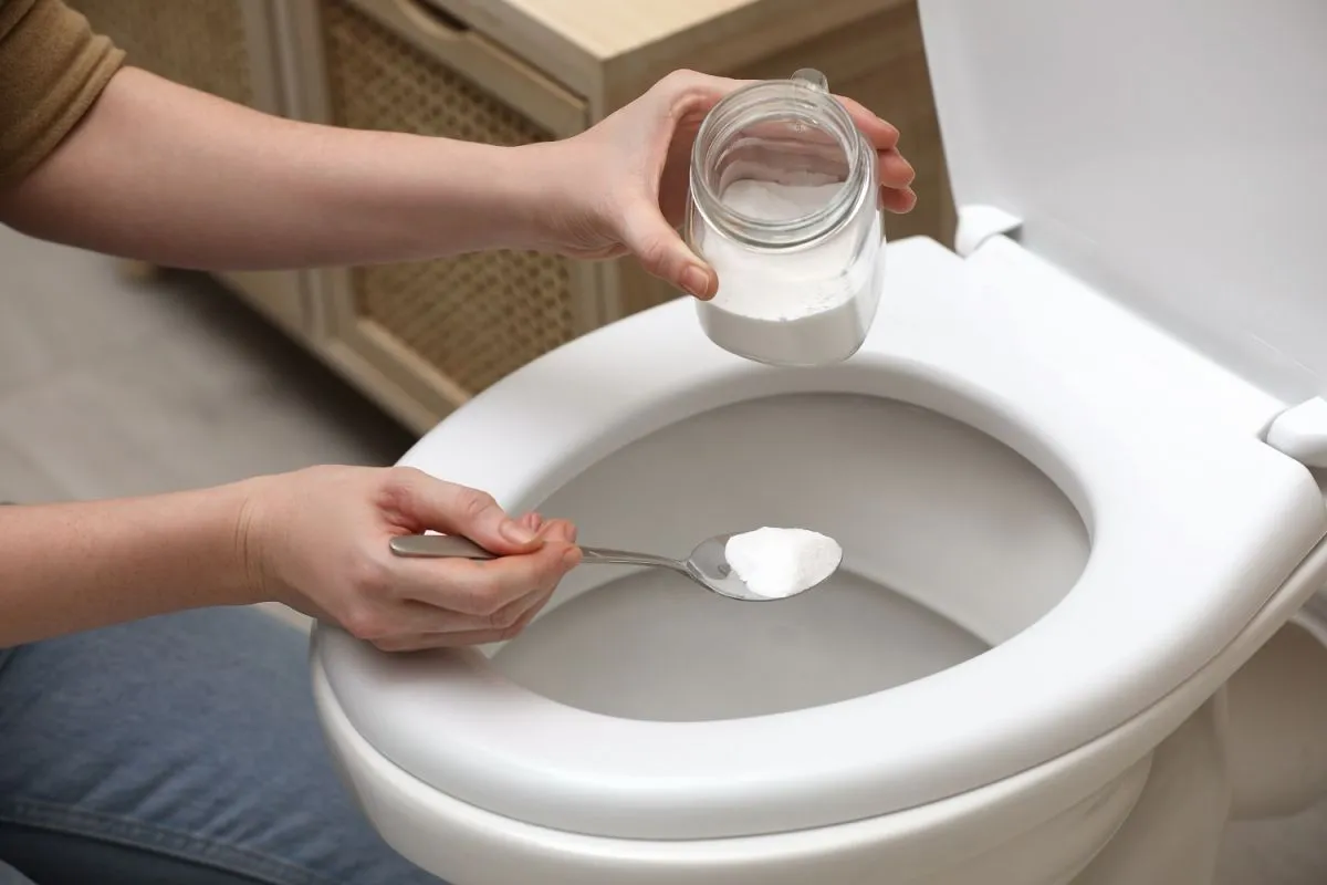 Woman,Cleaning,Toilet,Bowl,With,Baking,Soda,,Indoors,Closeup