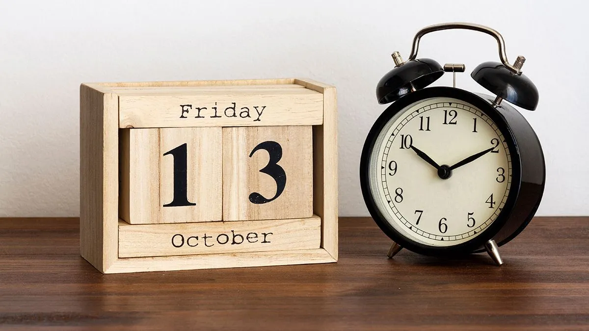 Wood,Calendar,With,Date,And,Old,Clock.,Friday,13,October