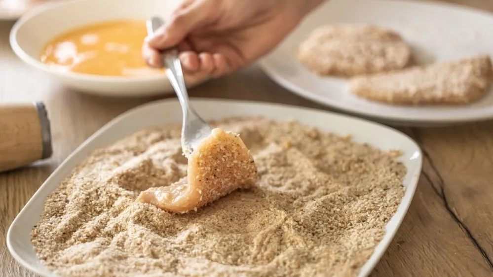 Final,Stage,Of,Coating,Meat,In,Breadcrumbs,While,Making,Schnitzels.