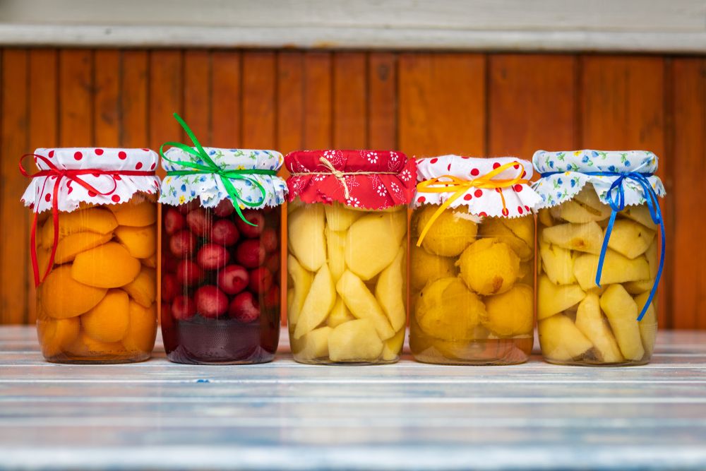 Preserved,Food,In,Jar,,Fruit,Compote,On,Wooden,Table.,Variety