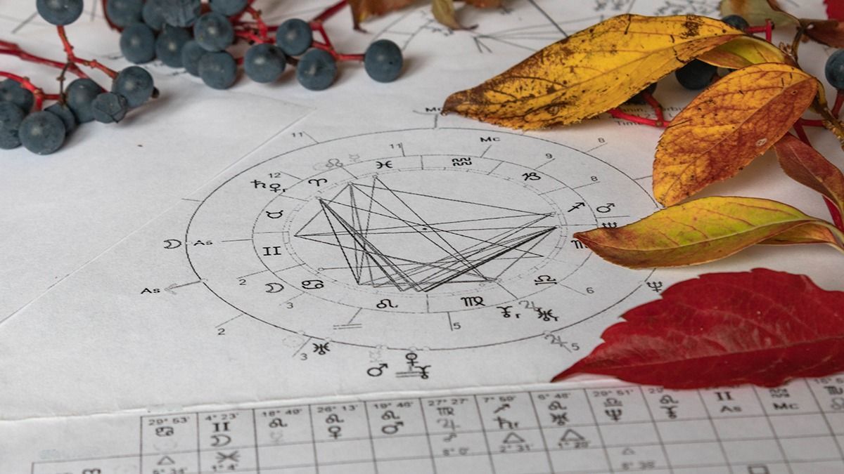 Printed,Astrology,Charts,With,Yelow,And,Autumn,Leaves,And,Blueberries