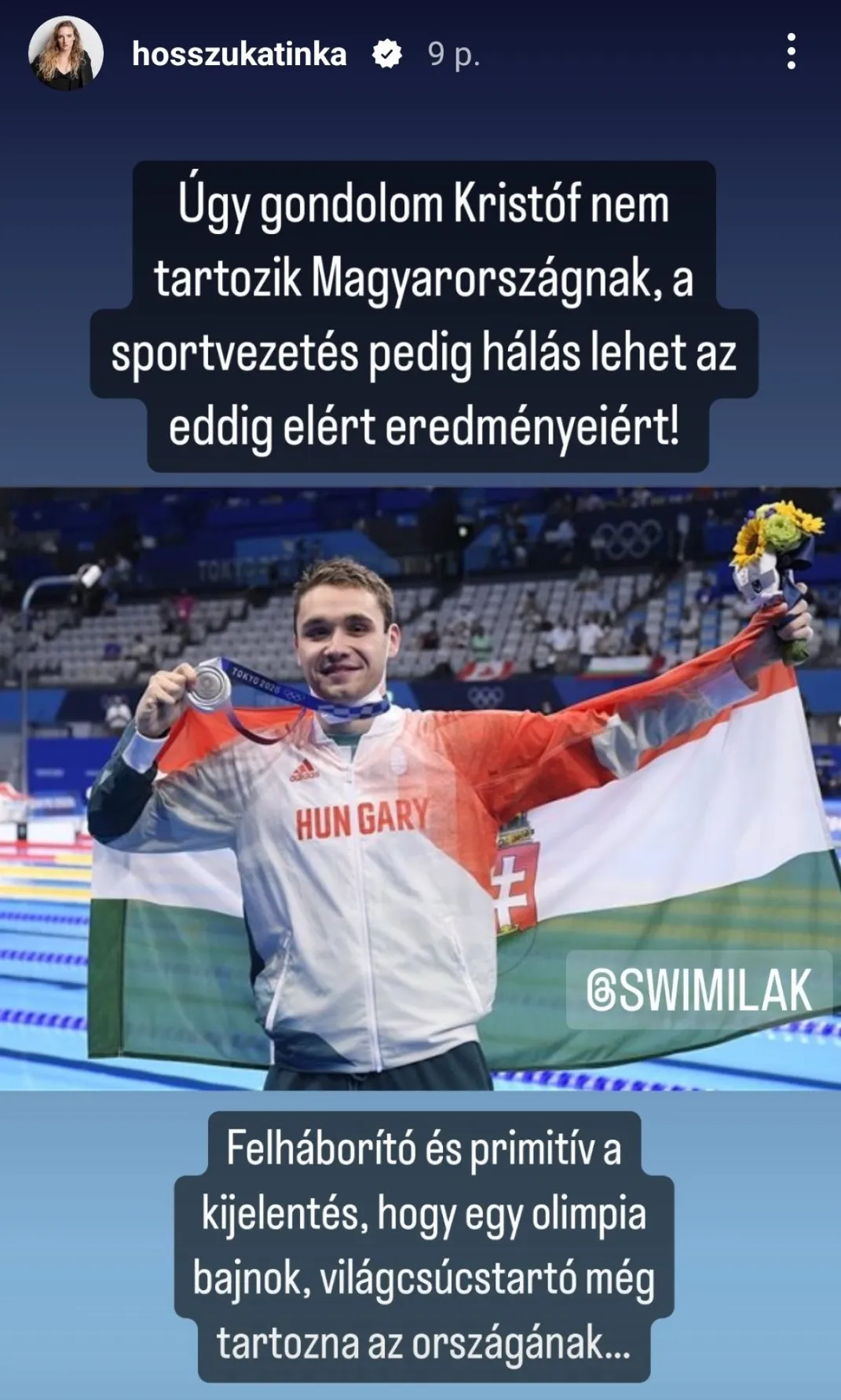 Hosszú Katinka üzenete az Instagramon a Milák-ügyben