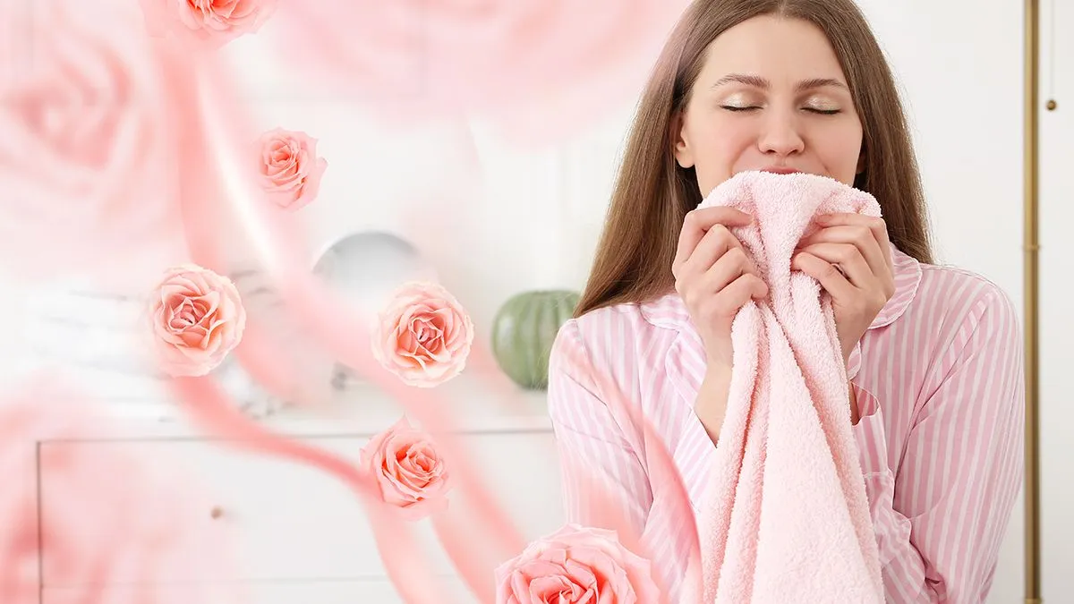 Young,Woman,Smelling,Clean,Laundry,At,Home