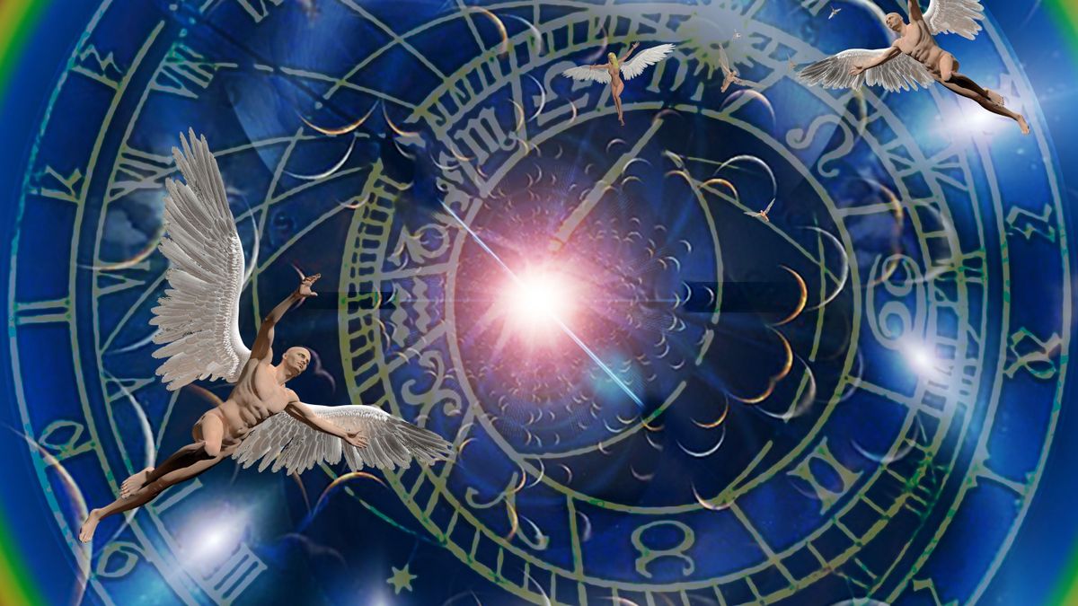 Angels,And,Time.,Zodiac,Clock.,3d,Rendering
