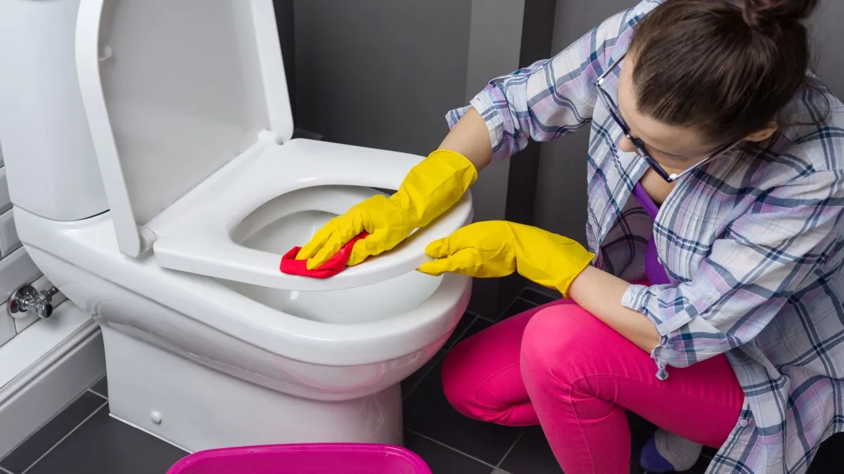 Woman,Is,Cleaning,In,The,Bathroom.,Wash,The,Toilet