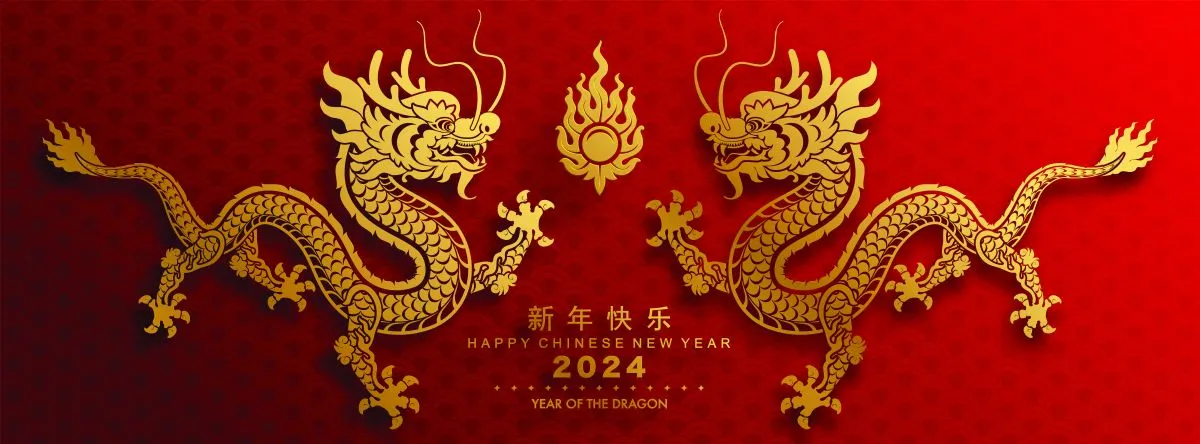 Happy chinese new year 2024 the dragon zodiac sign with flower,lantern,asian elements gold paper cut style on color background. ( Translation : happy new year 2024 year of the dragon )

