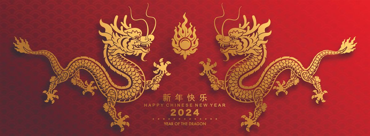 Happy chinese new year 2024 the dragon zodiac sign with flower,lantern,asian elements gold paper cut style on color background. ( Translation : happy new year 2024 year of the dragon )
