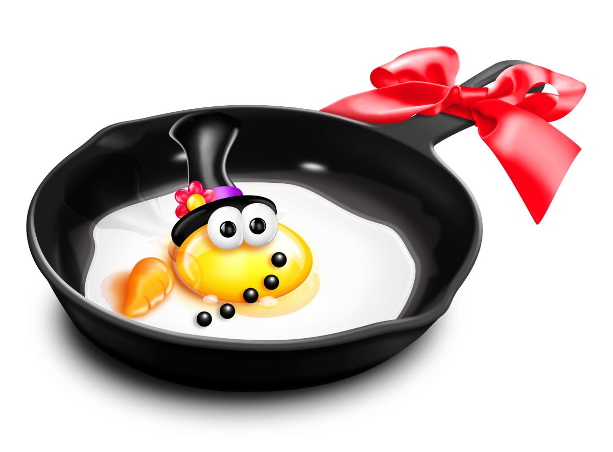 Whimsical,Melted,Cartoon,Egg,Snowman,In,Frying,Pan
