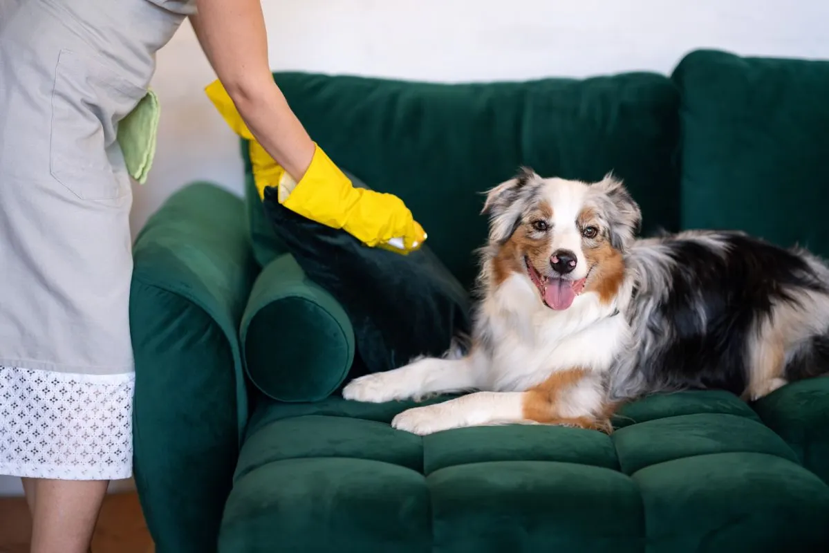 The,Maid,Cleans,The,Sofa,From,Dog,Hair.,Australian,Shepherd