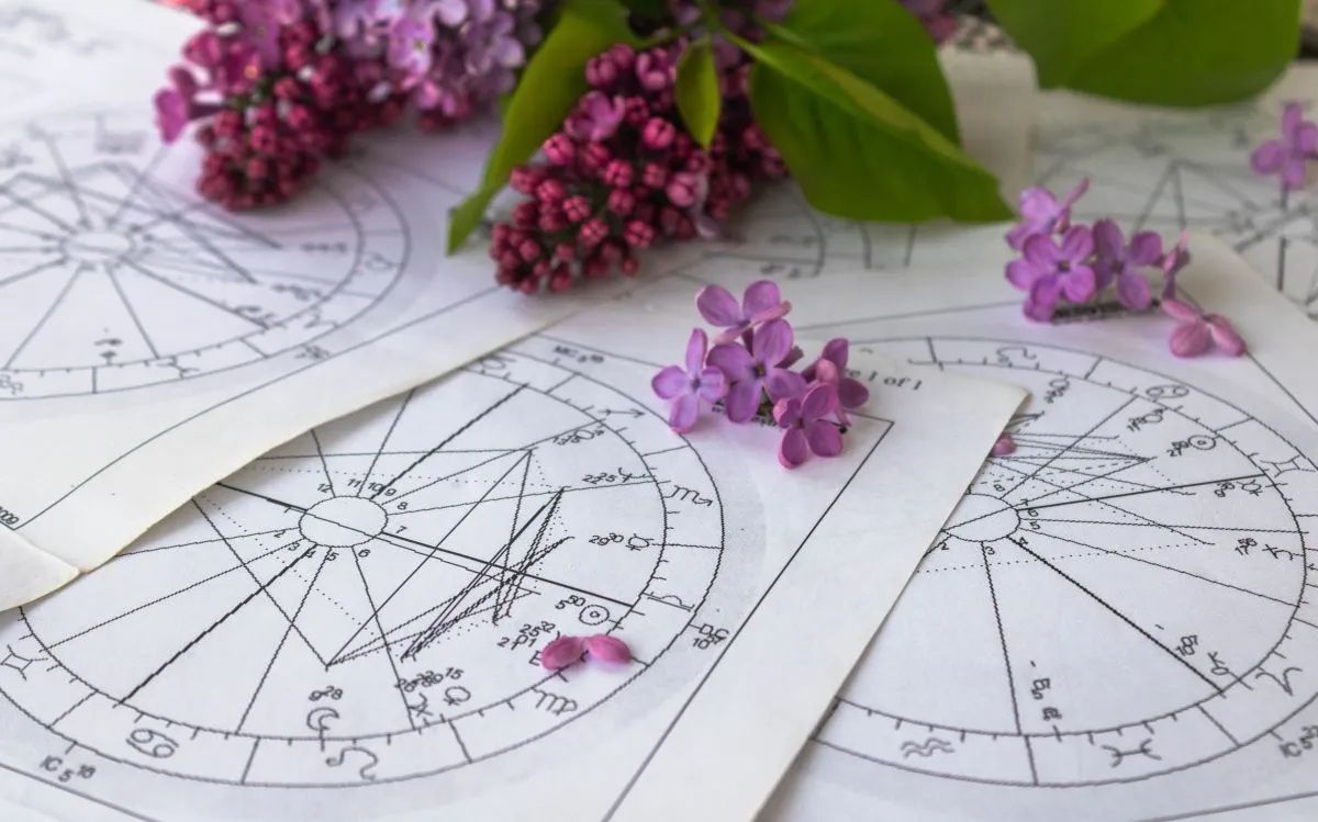 Printed,Astrology,Charts,With,Tiny,Lilac,Flowers,And,A,Part