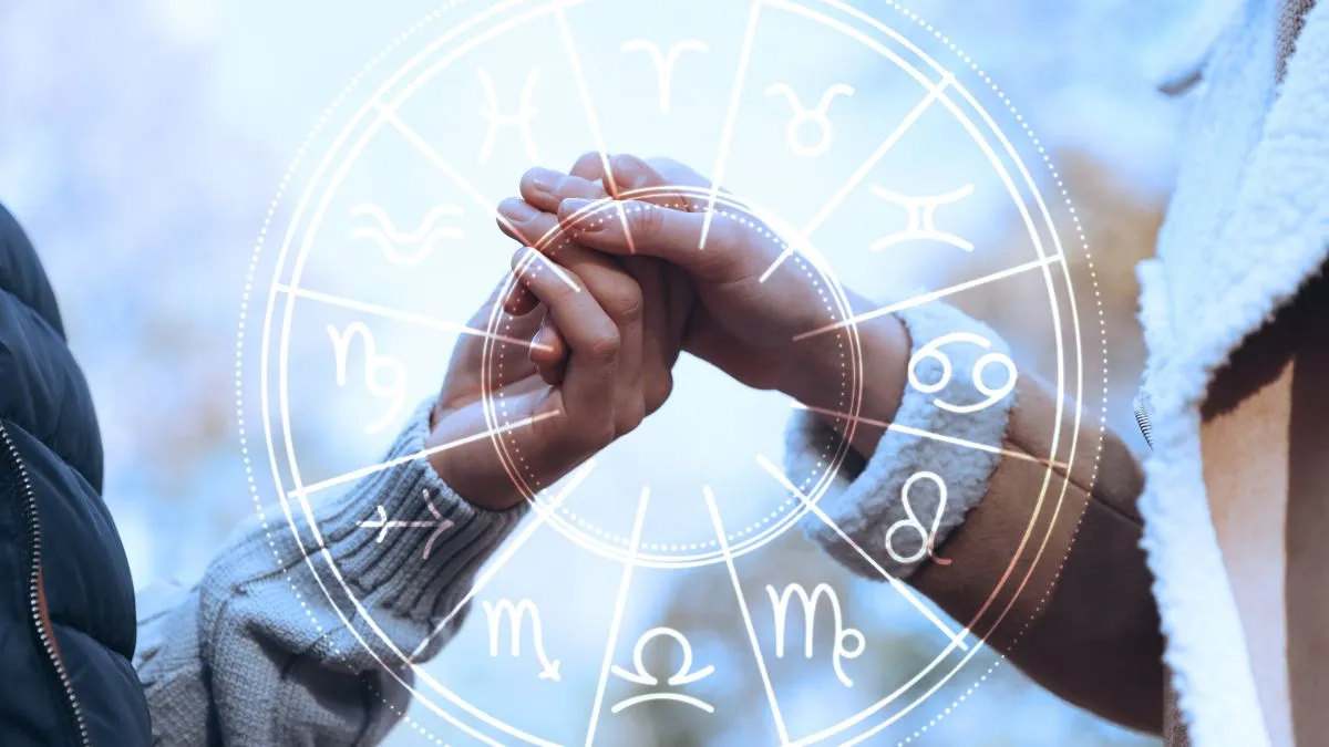 Horoscope,Compatibility.,Loving,Couple,Holding,Hands,Outdoors,And,Zodiac,Wheel