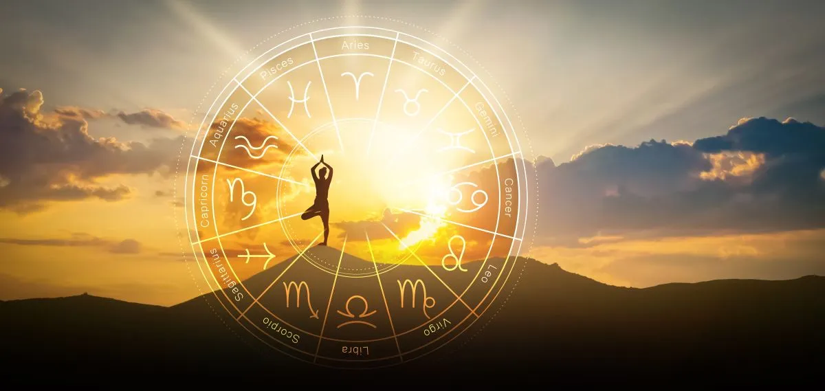 Zodiac,Wheel,And,Photo,Of,Woman,Practicing,Yoga,In,Mountains