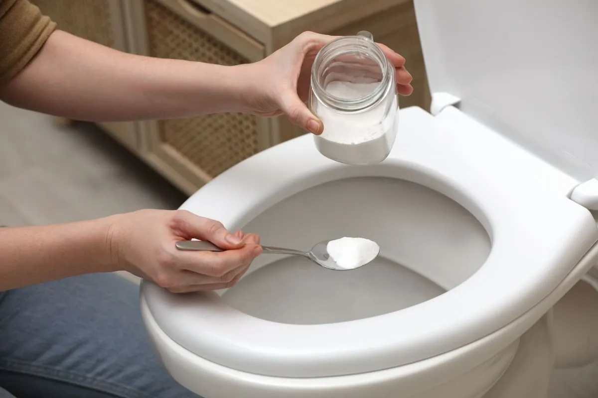 Woman,Cleaning,Toilet,Bowl,With,Baking,Soda,,Indoors,Closeup