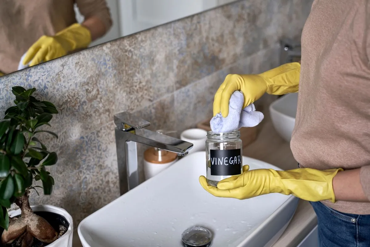 Unrecognizable,Woman,Cleaning,Bathroom,Tap,With,Vinegar