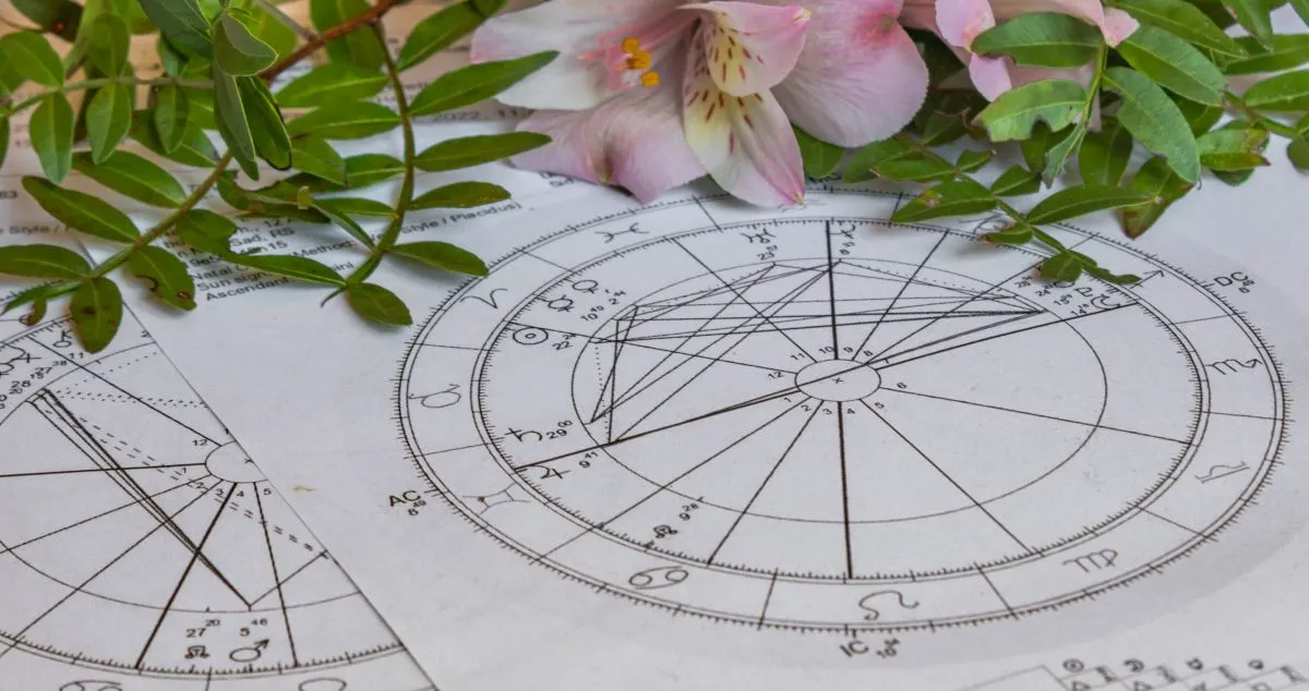 Printed,Astrology,Charts,,Pink,Flowers,And,Green,Plant,Branches
