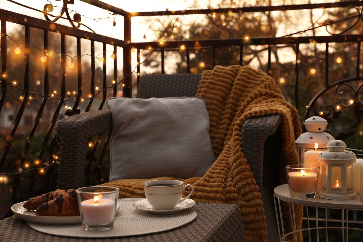 Beautiful,View,Of,Garden,Furniture,With,Pillow,,Soft,Blanket,And