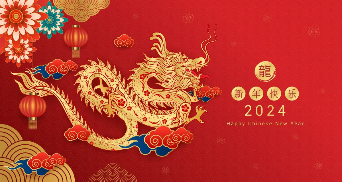 Happy,Chinese,New,Year,2024.,Gold,Dragon,Zodiac,With,Lanterns,