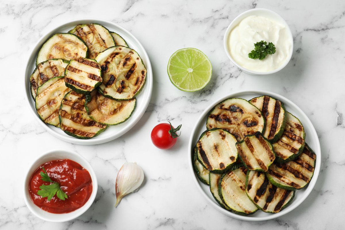 Grilled,Zucchini,Slices,Served,With,Sauces,On,White,Marble,Table,