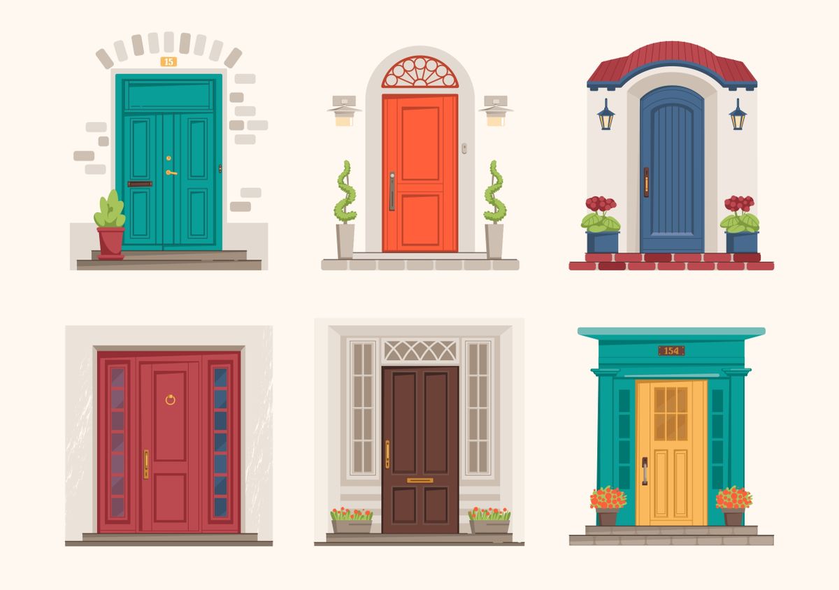 House,Doors.,Cartoon,Front,Entrance.,Exterior,Wall,Doorsteps,With,Porches.