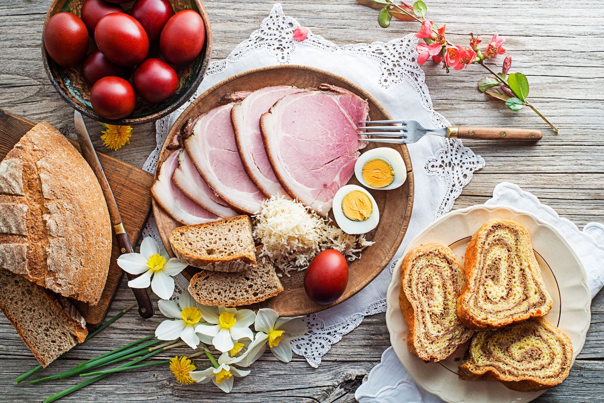 Easter,Traditional,Food,With,Ham,,Eggs,And,Bread.,Holidays,Background.