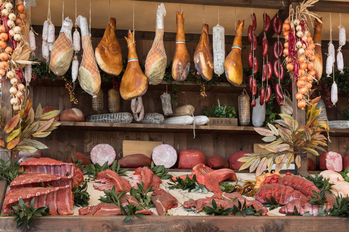 Variety,Of,Raw,Meat,And,Sausages,In,Butcher,Shop,On
