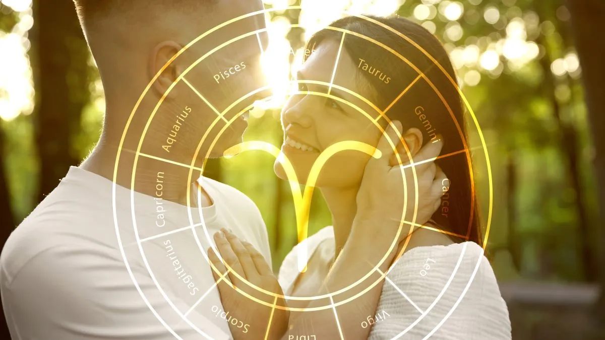 Horoscope,Compatibility.,Loving,Couple,Outdoors,And,Zodiac,Wheel