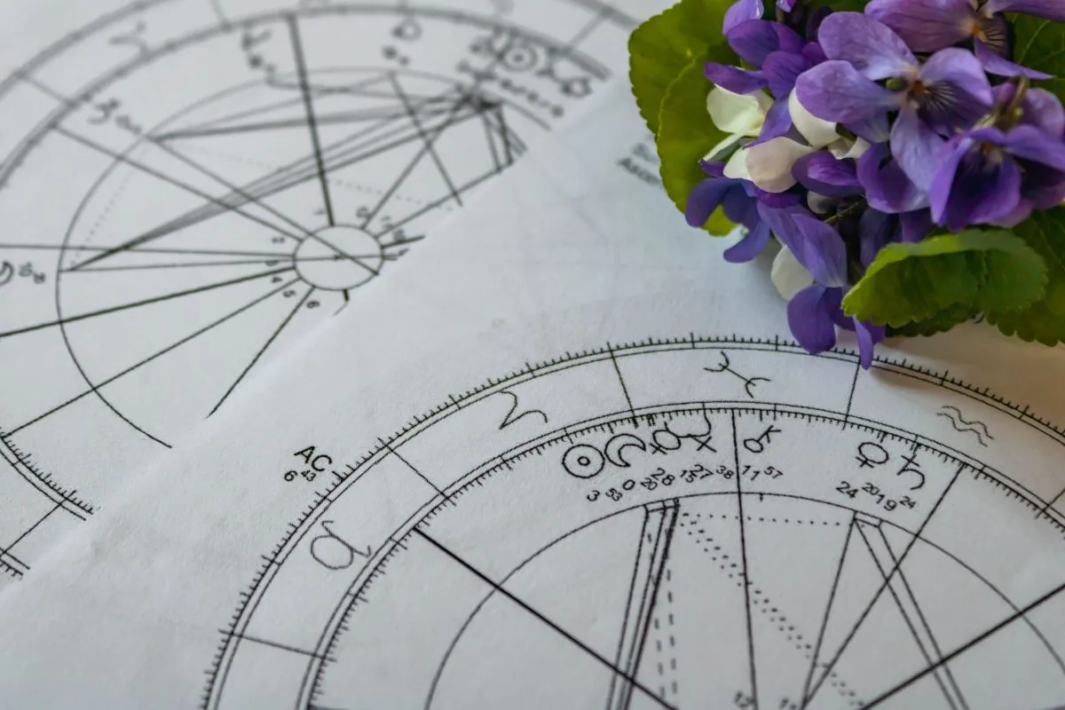 Close,Up,Of,Printed,Natal,Charts,With,Astrology,Moon,,Purple