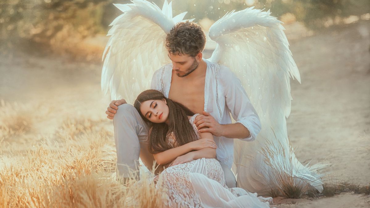 Men,Guardian,Angel,Protects,And,Hugs,Young,Woman.,Sleeping,Beauty