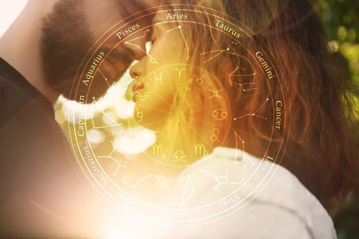 Horoscope,Compatibility.,Loving,Couple,Outdoors,And,Zodiac,Wheel