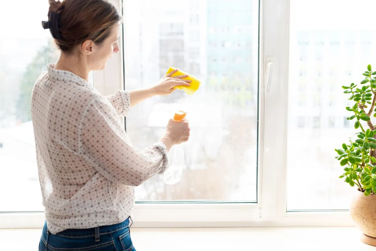 Woman,Washing,Window,Glass,With,A,Spray,Bottle,With,Ecological
