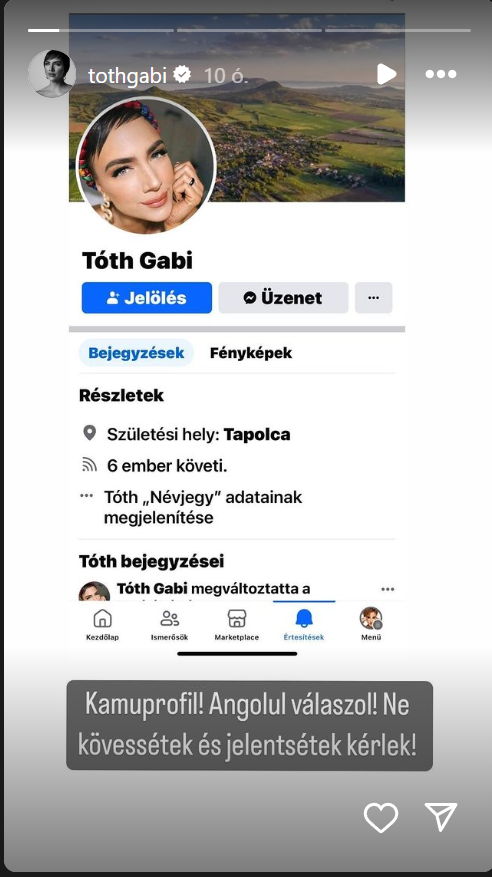 Tóth Gabi, Instagram-történet.