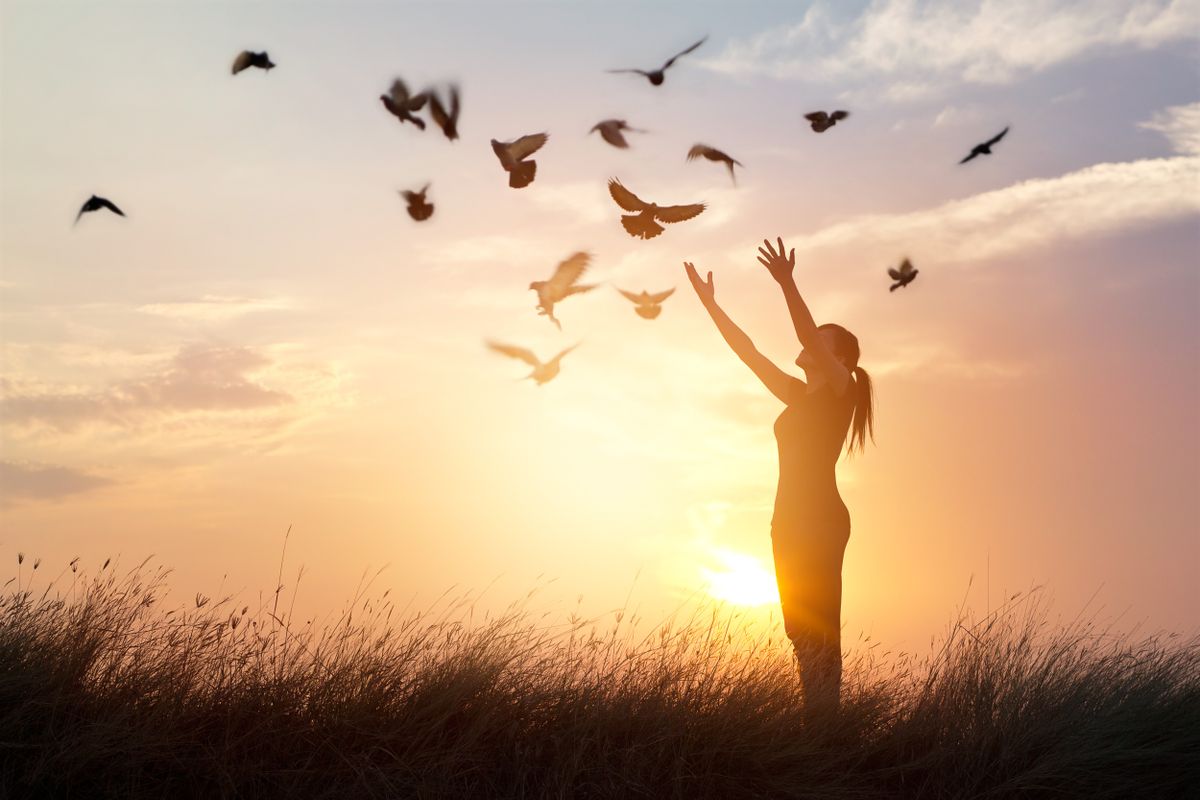 Woman,Praying,And,Free,Bird,Enjoying,Nature,On,Sunset,Background,