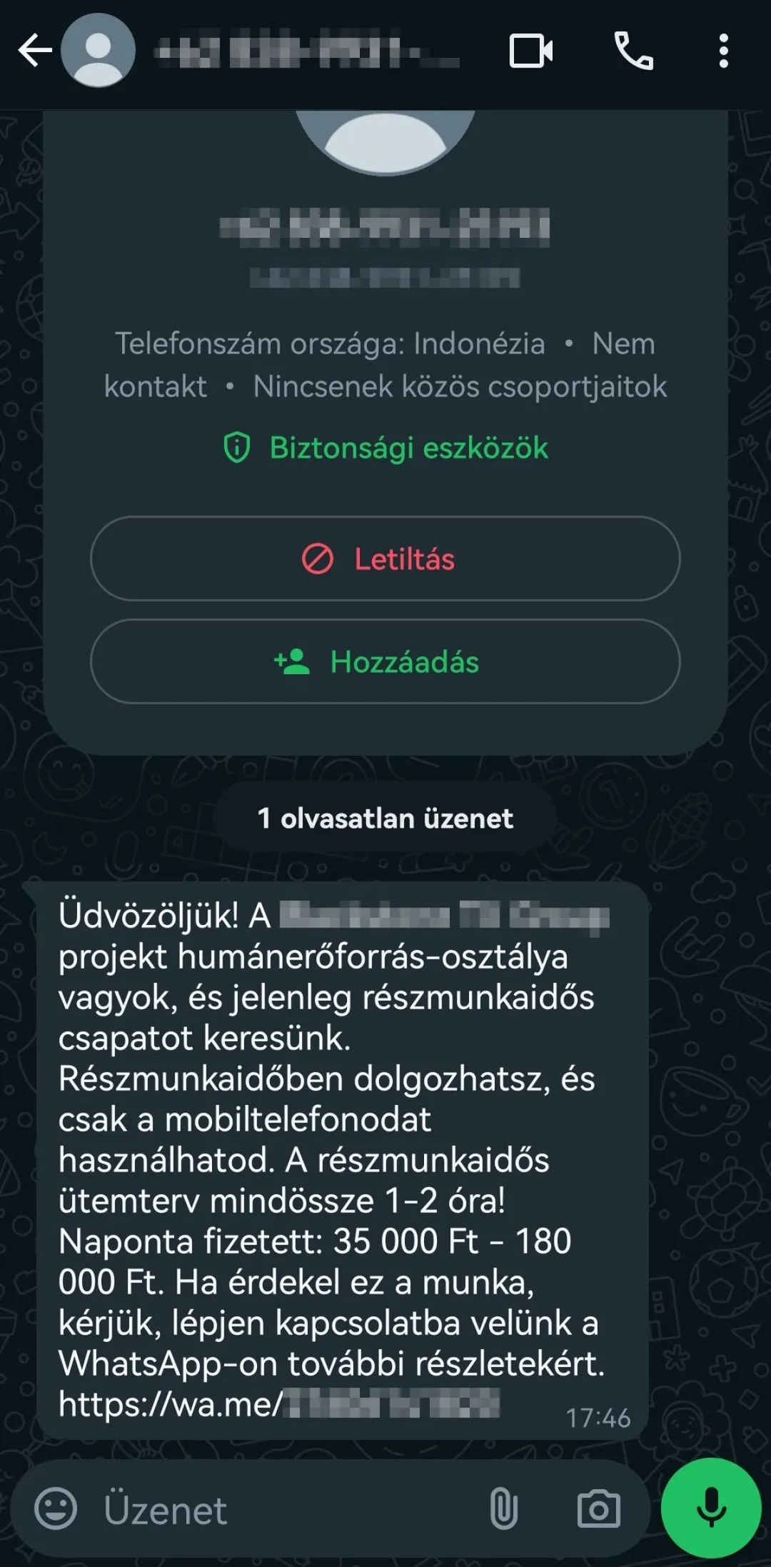 A csalók Áronnak egy WhatsApp üzenetet küldtek /