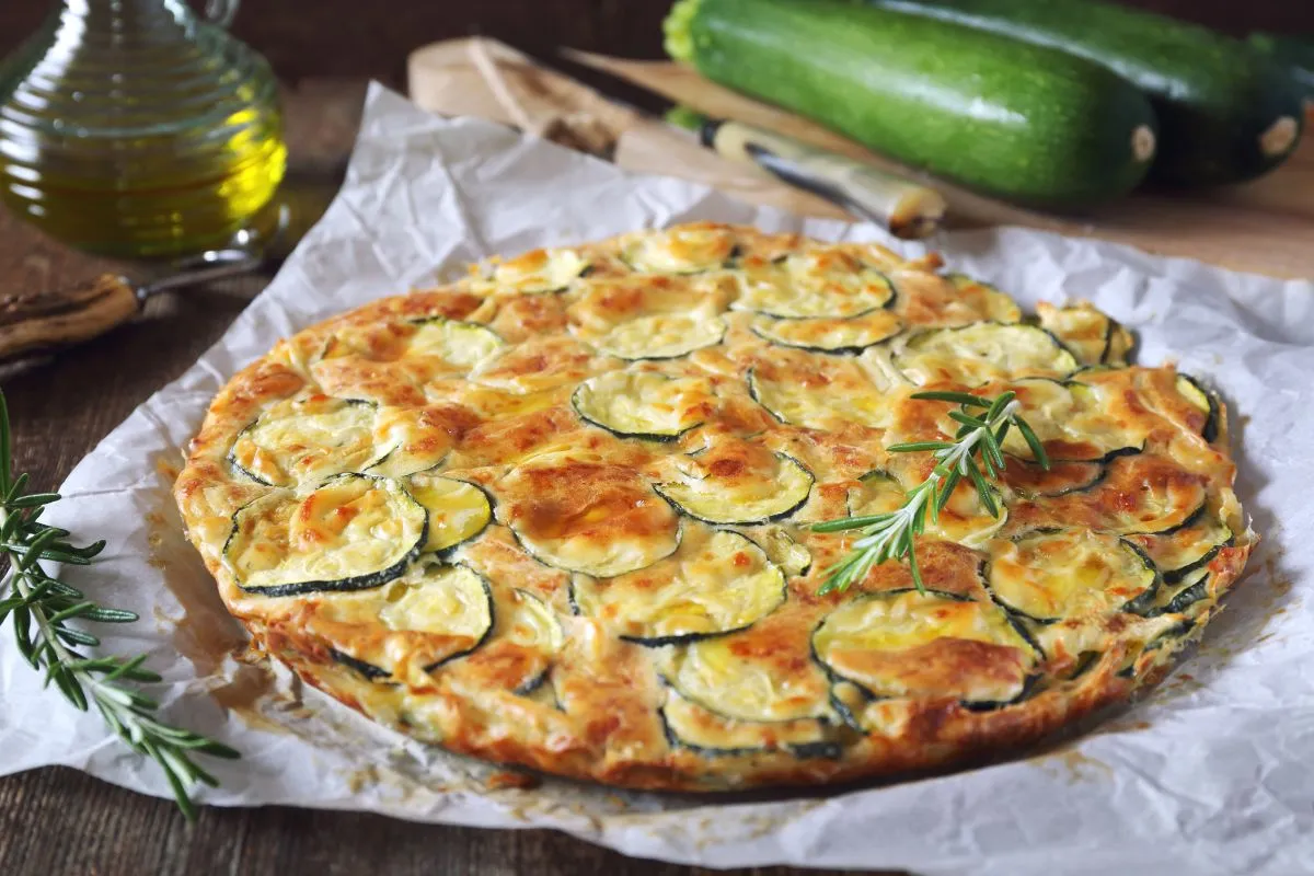 Scarpaccia,,Italian,Cuisine.,Thin,Zucchini,Pie,And,Olive,Oil,On