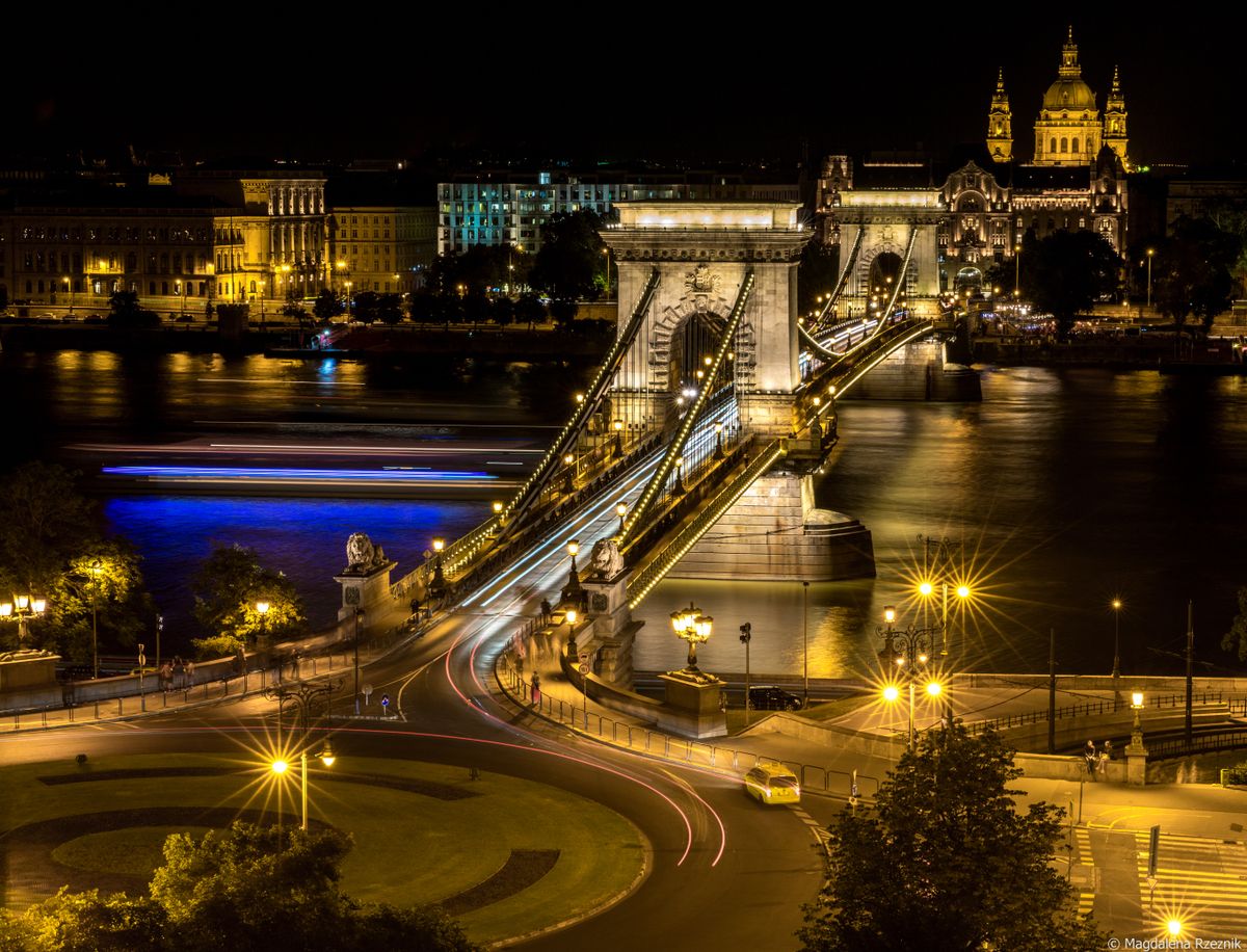 High angle shot of the historic Széchenyi Chain Bridge, Budapest, Hungary
