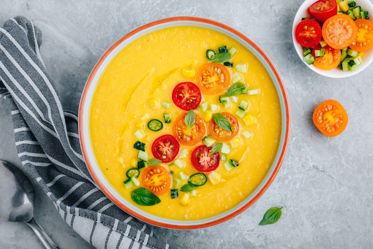 Yellow,Tomato,Gazpacho.,Spanish,Summer,Cold,Soup,With,Fresh,Vegetables.