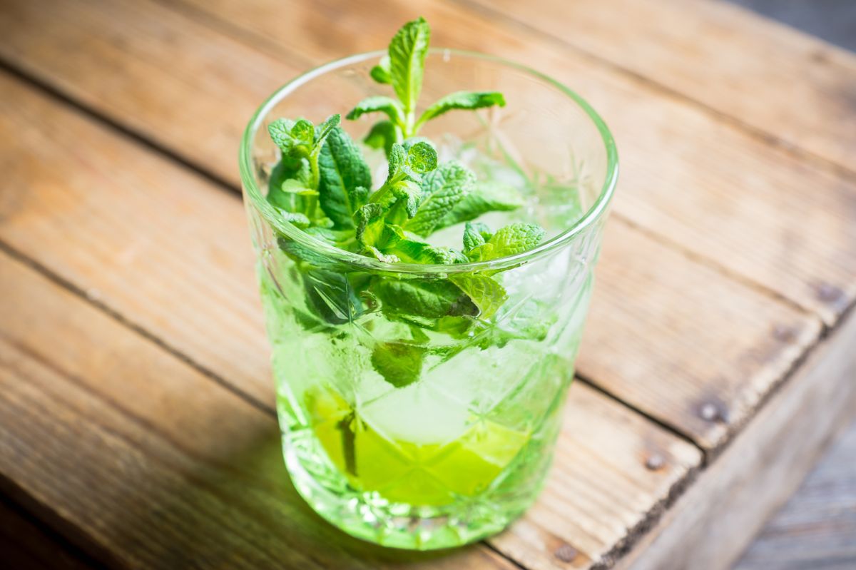 Summer,Old,Fashioned,Beverage,With,Melon,Liqueur,And,Mint,Leaves.