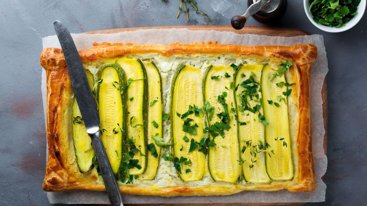 Tart,With,Zucchini,,Ricotta,Cheese,And,Parsley,On,A,Dark