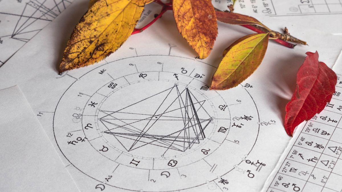 Printed,Astrology,Charts,With,Yellow,Autumn,Leaves,In,The,Background