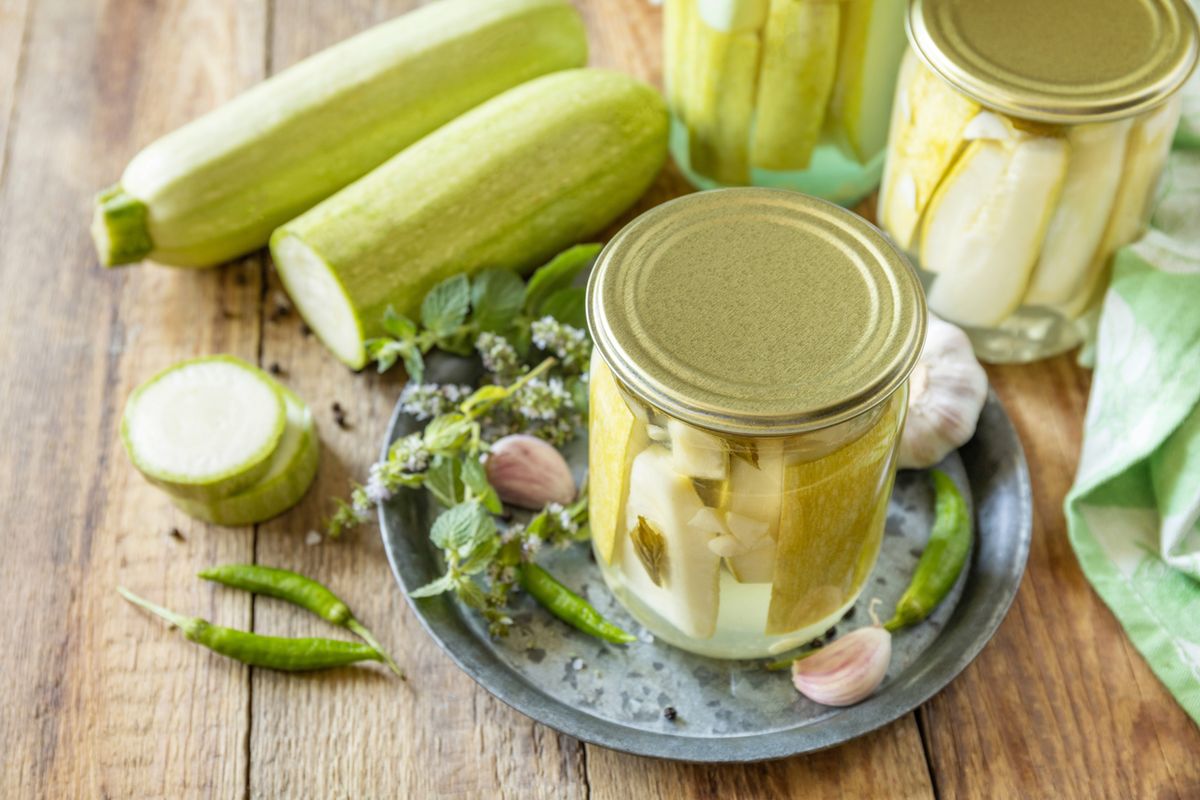 Healthy,Homemade,Fermented,Food.,Pickled,Zucchini,With,Mint,Preserved,Canned