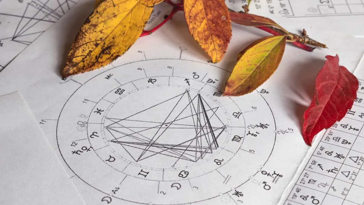 Printed,Astrology,Charts,With,Yellow,Autumn,Leaves,In,The,Background