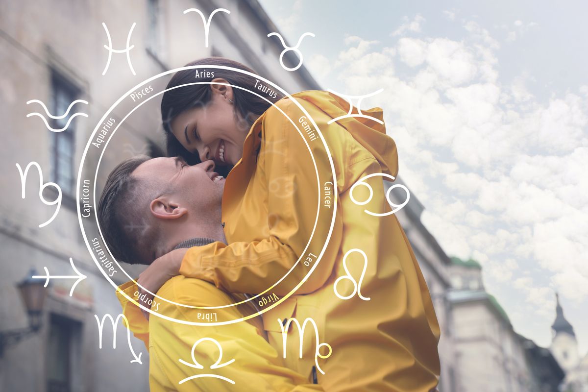 Horoscope,Compatibility.,Loving,Couple,Outdoors,And,Zodiac,Wheel