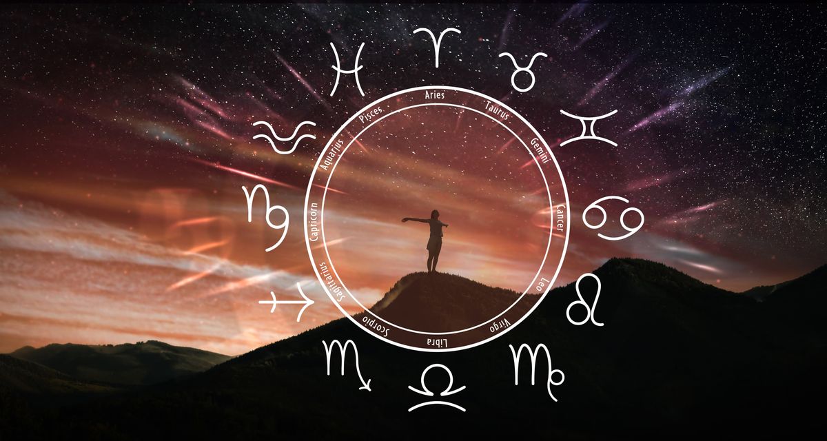 Zodiac,Wheel,And,Photo,Of,Woman,In,Mountains,Under,Starry