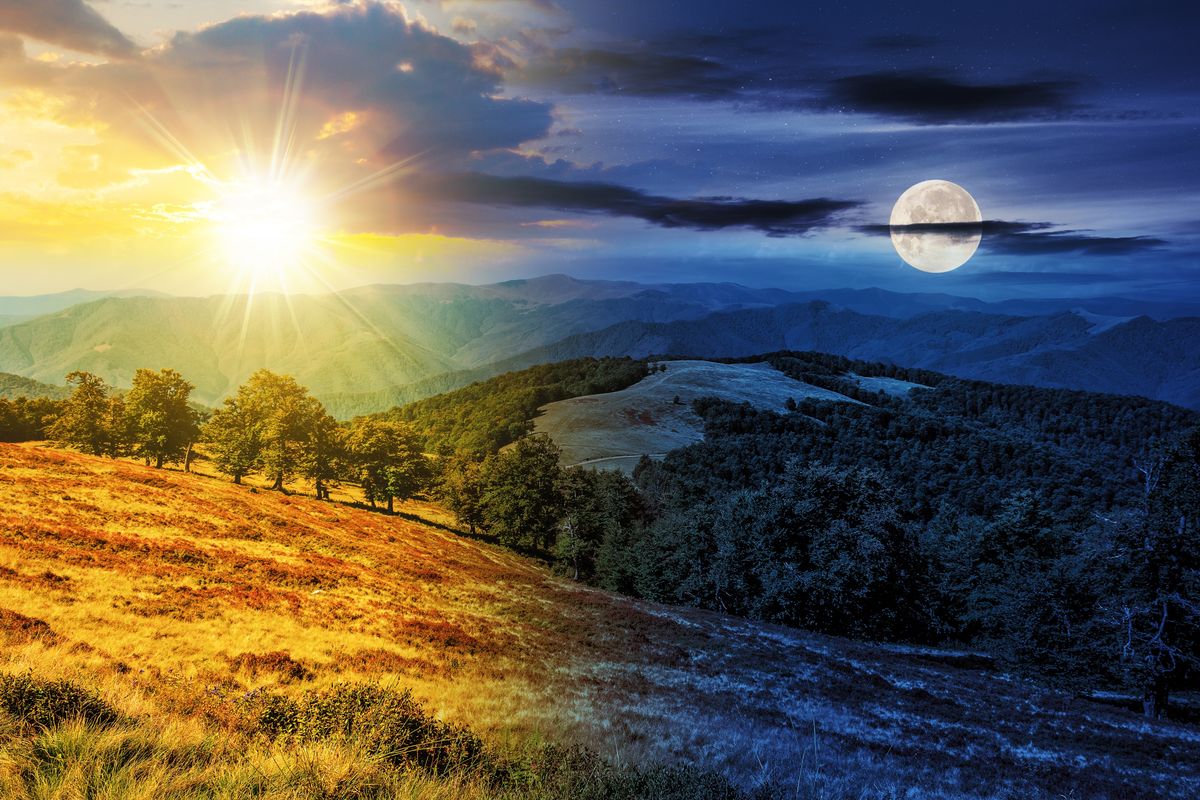 Mountainous,Autumn,Landscape,With,Sun,And,Moon,At,Twilight.,Meadow