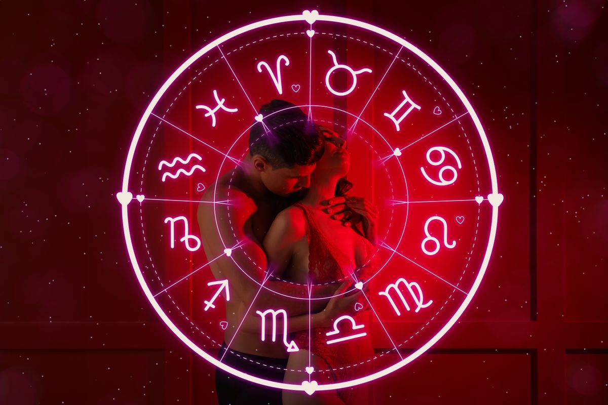 Passionate,Young,Couple,And,Zodiac,Wheel,On,Red,Background.,Sexual