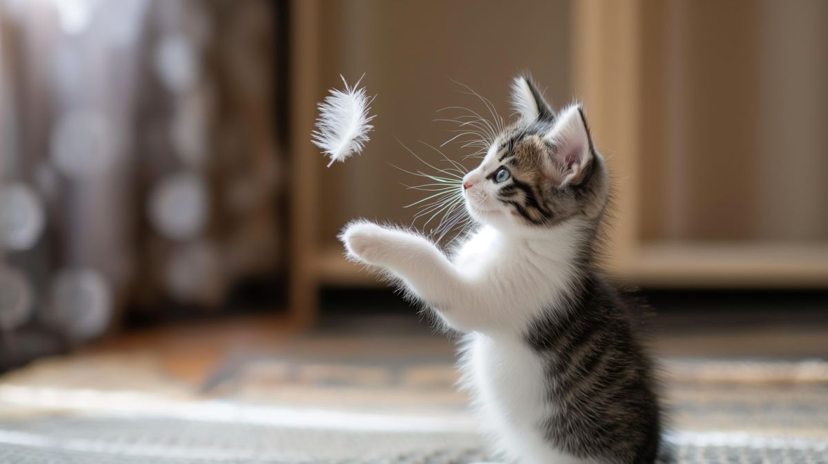 Lovely,Kitten,Is,Playing,With,A,Feather,In,His,House