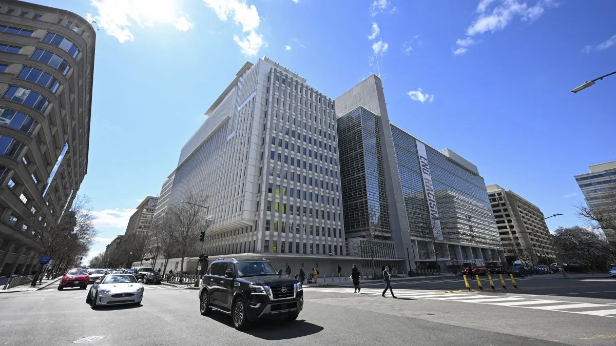 Poster hung reading "End Racism" in the World Bank building